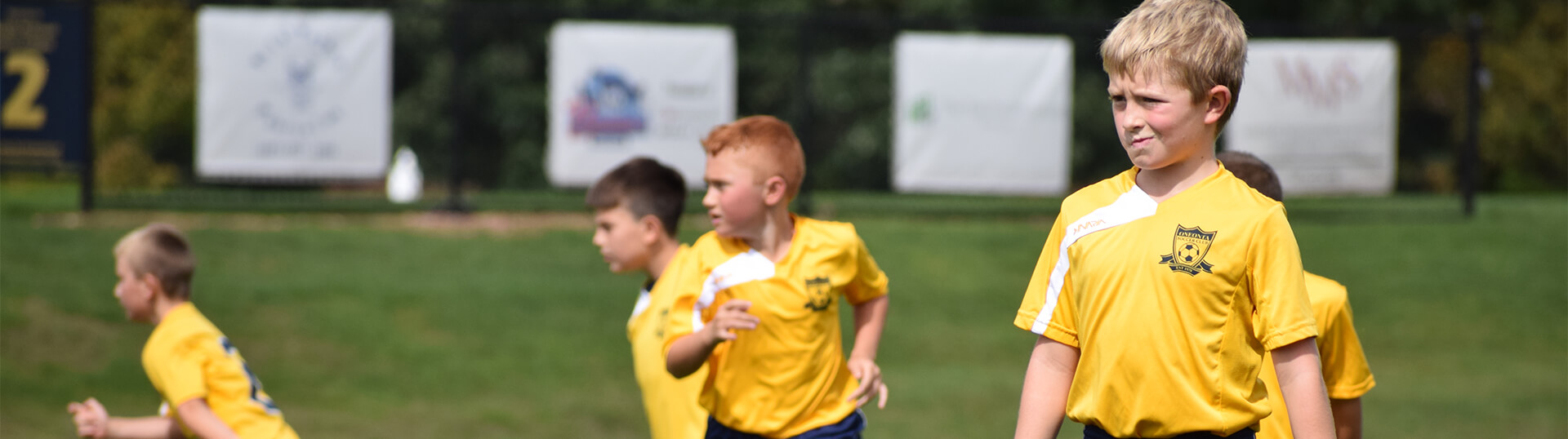 A group of players with yellow jerseys run for the ball while a boy in the foreground looks to the sidelines for guidance